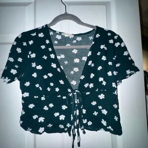 Women’s Pacsun La Hearts Green Short Sleeve Tie Front Crop Blouse